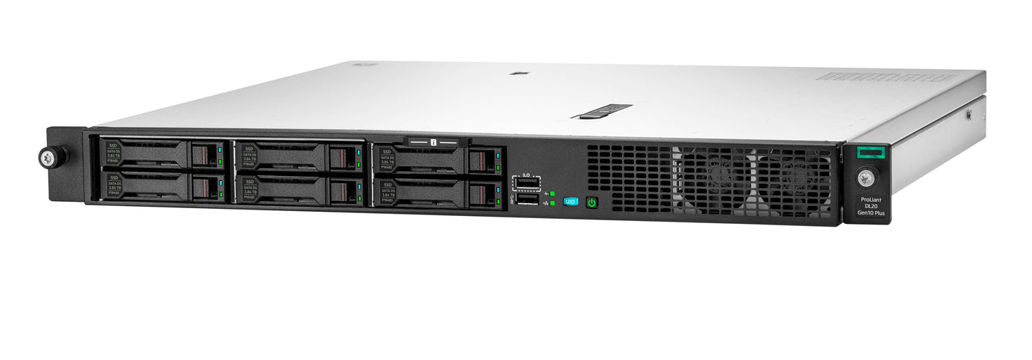 HPE HPE-DL20-G10-PLUS | 1U short-depth | Xeon E-2300 series | 4x SFF or 2x LFF bays | 4 DIMM up to 128GB DDR4 ECC | 2x 1GbE LOM (optional FlexibleLOM) | 1x PCIe Gen4 x16 + 1x Gen3 | iLO 5