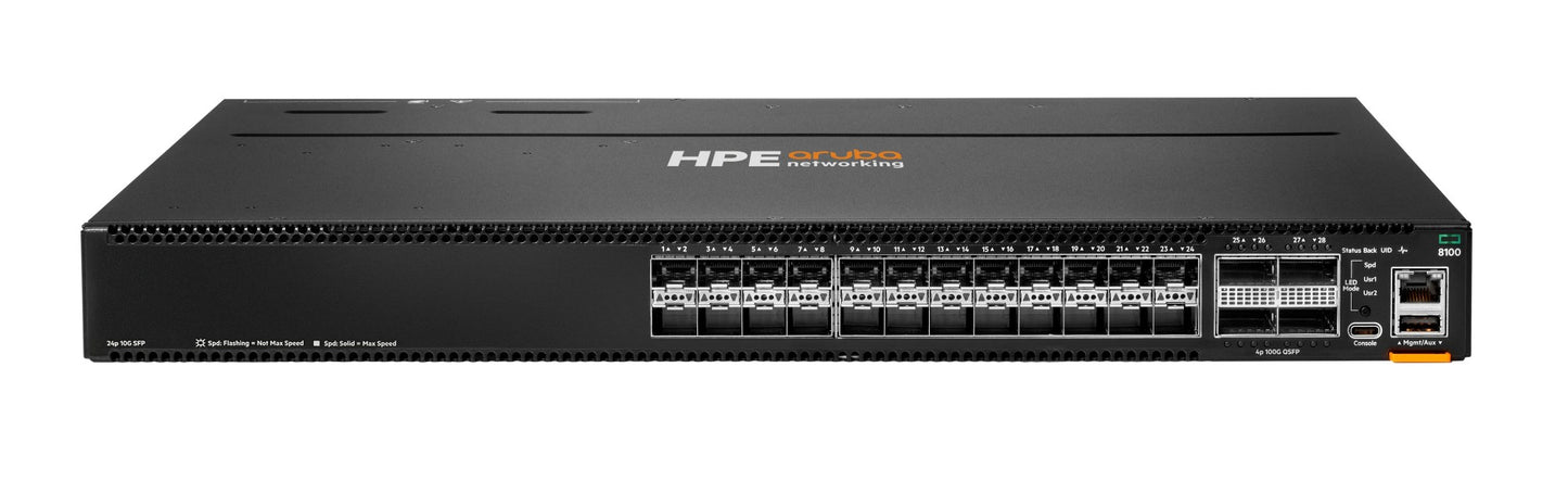 Aruba R9W87A | 24x10G SFP+ | 4x40/100G QSFP28 uplinks | PoE: None | Lic: L3 Enterprise | Airflow: BF | 1U, 2x AC PSU, 3x fans