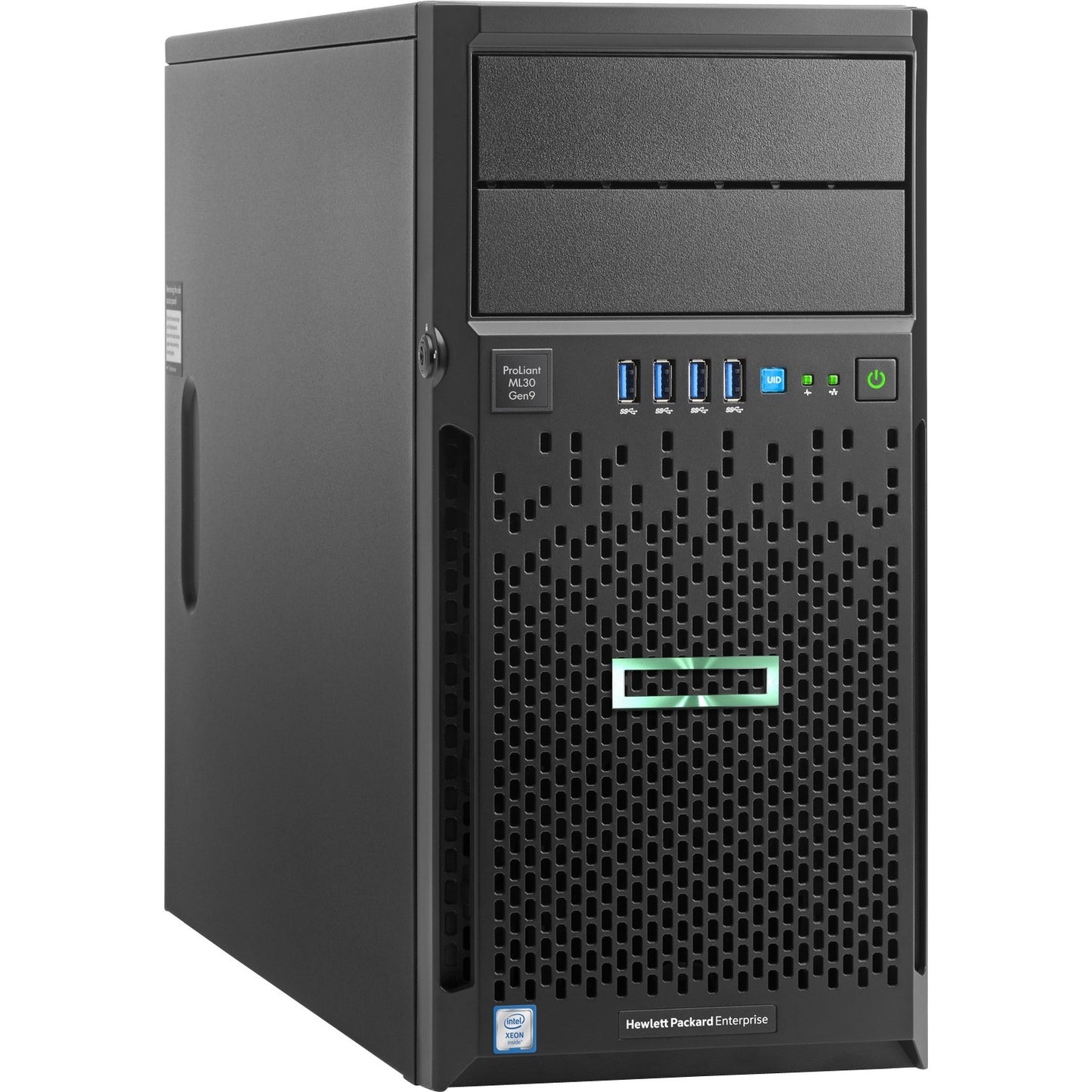 HPE HPE-ML30-G9 | Tower server | 1-socket Xeon E3 v5 | 4 DIMM DDR4 ECC UDIMM up to 64GB | 4x LFF or 8x SFF bays | SATA B140i, optional Smart Array | 2x 1GbE | iLO 4 | 350W non-hot-plug or optional redundant PSU