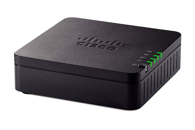 Cisco ATA190 black router with green lights and silver logo