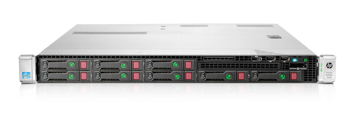 HPE HPE-DL360E-G8 | 1U rack | Xeon E5-2400/v2, 2S | 12x DDR3 DIMMs | 8x SFF or 4x LFF | B120i/P420 RAID | 2x 1GbE | iLO 4 | redundant hot-plug PSUs