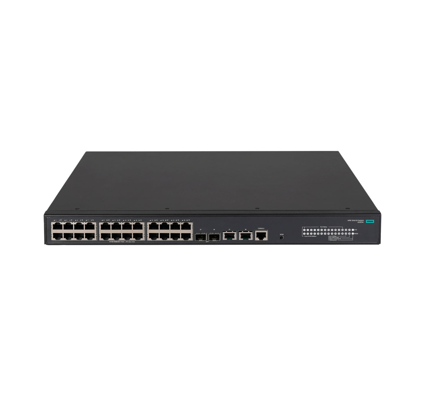 HPE JL823A 24-port 1G PoE+ switch with 10G uplinks and LED indicators