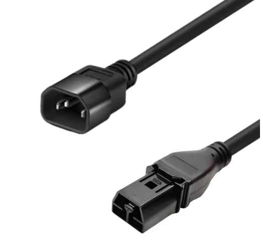 Black IEC C14 to Saf-D-Grid 250VAC cabinet jumper power cable with angled IEC C13 connector, 2m length