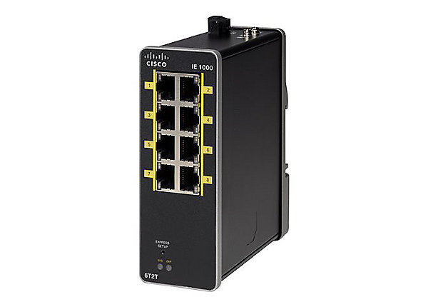 Cisco IE-1000-6T2T-LM | 6x FE RJ45 access, 2x FE RJ45 uplinks | PoE: None | L2 GUI | License: LAN Lite