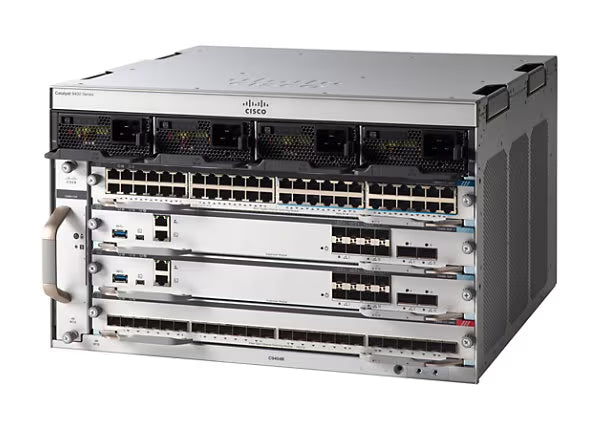 Cisco C9404R | 4-slot modular chassis, ports: line-card dependent, PoE: PoE+/UPOE-capable, uplinks: module-dependent, license: none