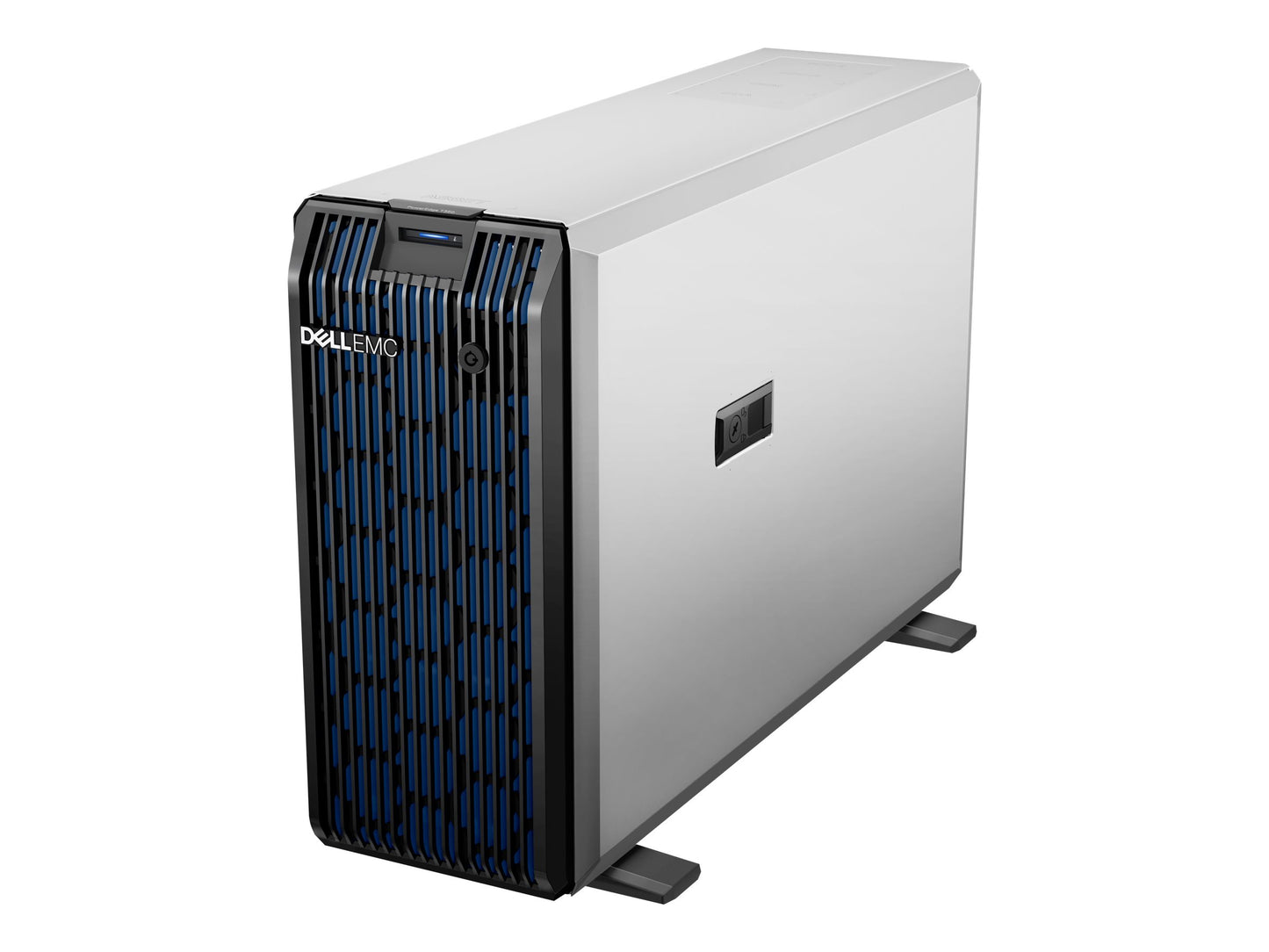 Dell T350 tower server with silver chassis, blue accents and Xeon E-Series support