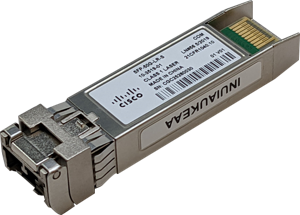 Silver metallic cisco sfp-10g-sr transceiver module with gold connector and black labeling for 25g 50g industrial use