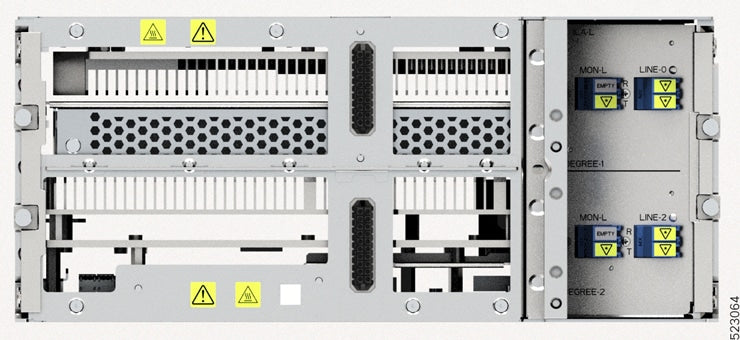 Cisco NCS1K-ILA-L L-band EDFA amplifier in silver rack with yellow labels and black cables