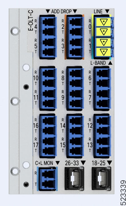 Cisco NCS1K-E-OLT-C DWDM OLT chassis module with blue panel and labels