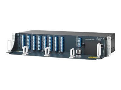 Cisco 15216-MD-48-ODDE 48ch DWDM mux/demux rack panel with black switch and blue fiber ports