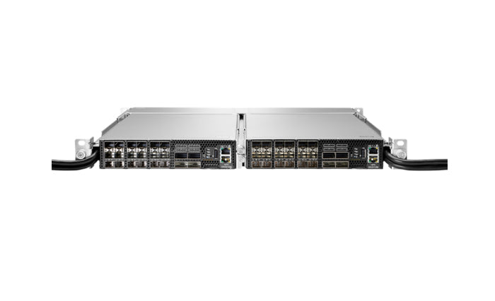 HPE Q9E63A switch with silver rack, black cables, 18x SFP28 ports