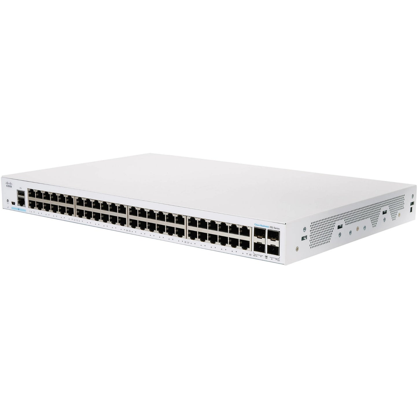Cisco CBS250-48T-4G-AU | 48x 1G RJ-45; PoE: None; Uplinks: 4x 1G SFP; Smart Managed L2/L3 static
