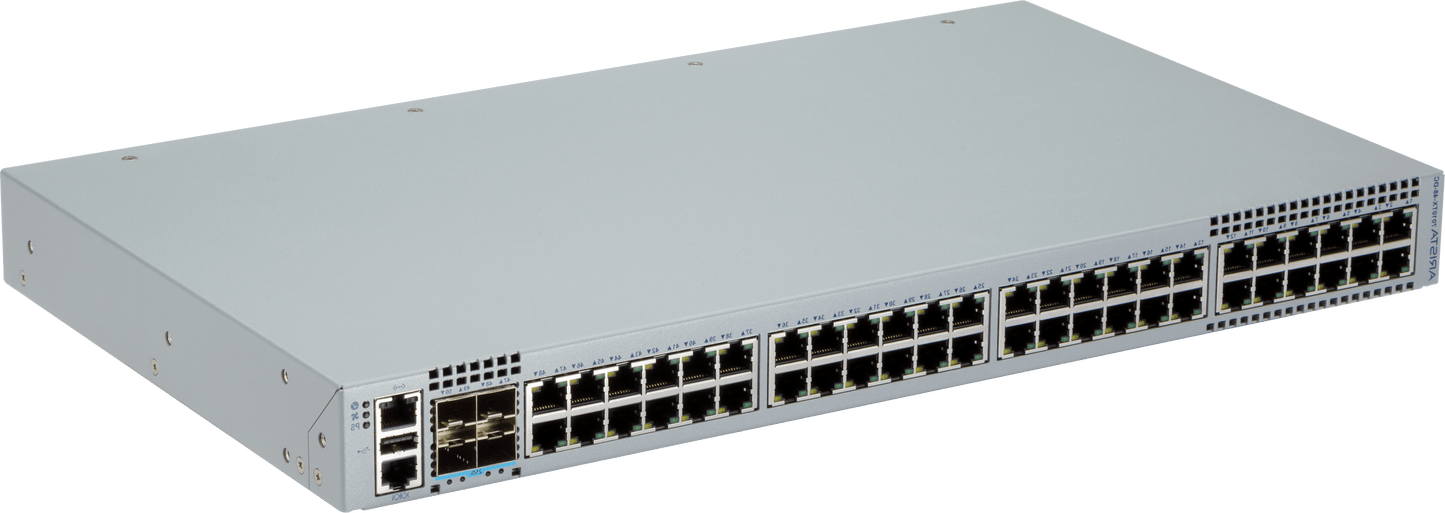 Gray metal arista dcs-7010tx-48-f 48-port gigabit network switch with 4x 25g sfp28 ports and ventilation grilles back view
