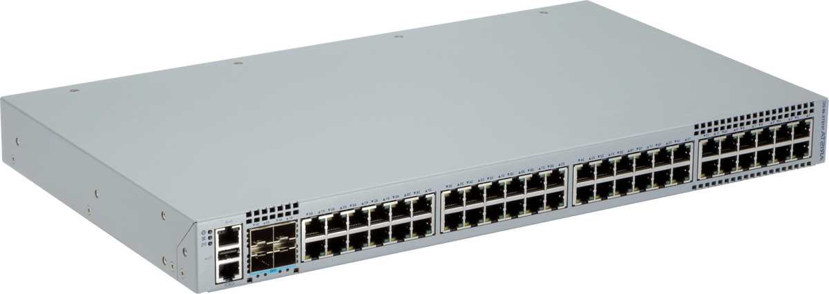 Gray metal arista dcs-7010tx-48-dc-f 48-port gigabit network switch with ethernet ports and ventilation grilles back side