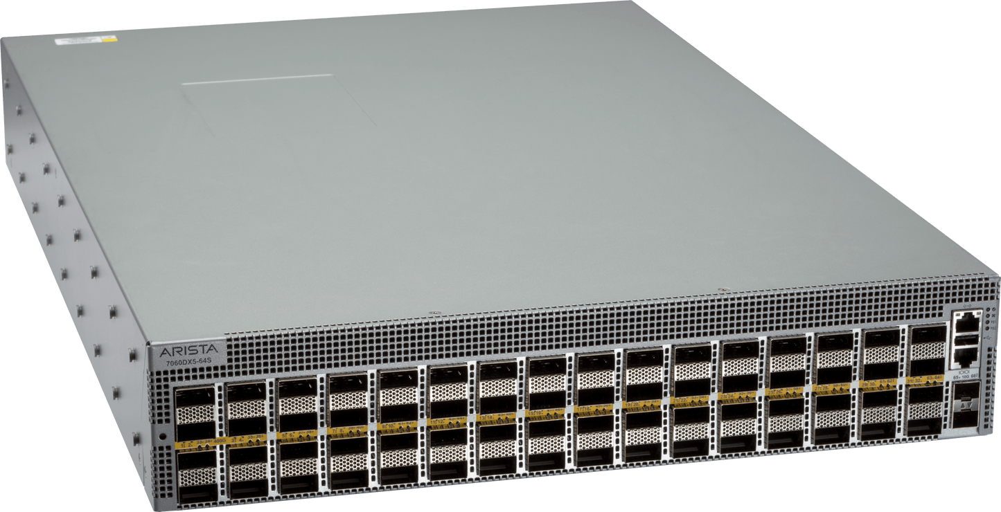 Gray metal arista dcs-7060dx5-64s-r 7060x5 64-port 400g switch with perforated front panel and multiple ports