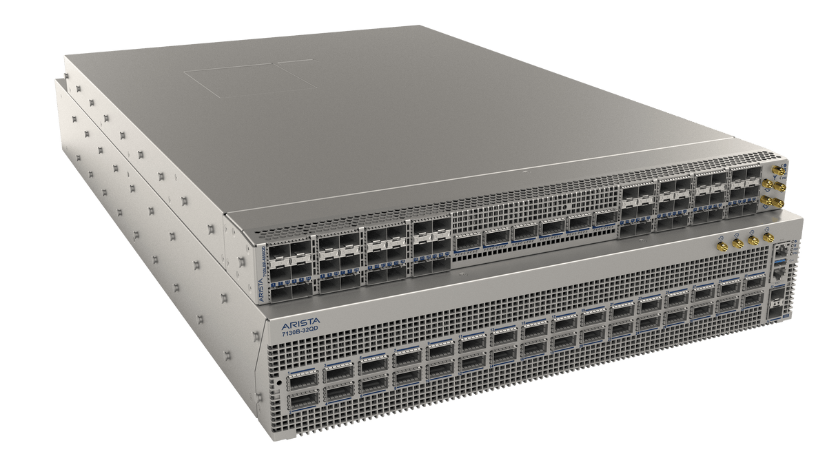 Silver metallic arista dcs-7130lbr-48s6yd-f 48-port 10g switch with 6x qsfp-dd and ventilation grilles