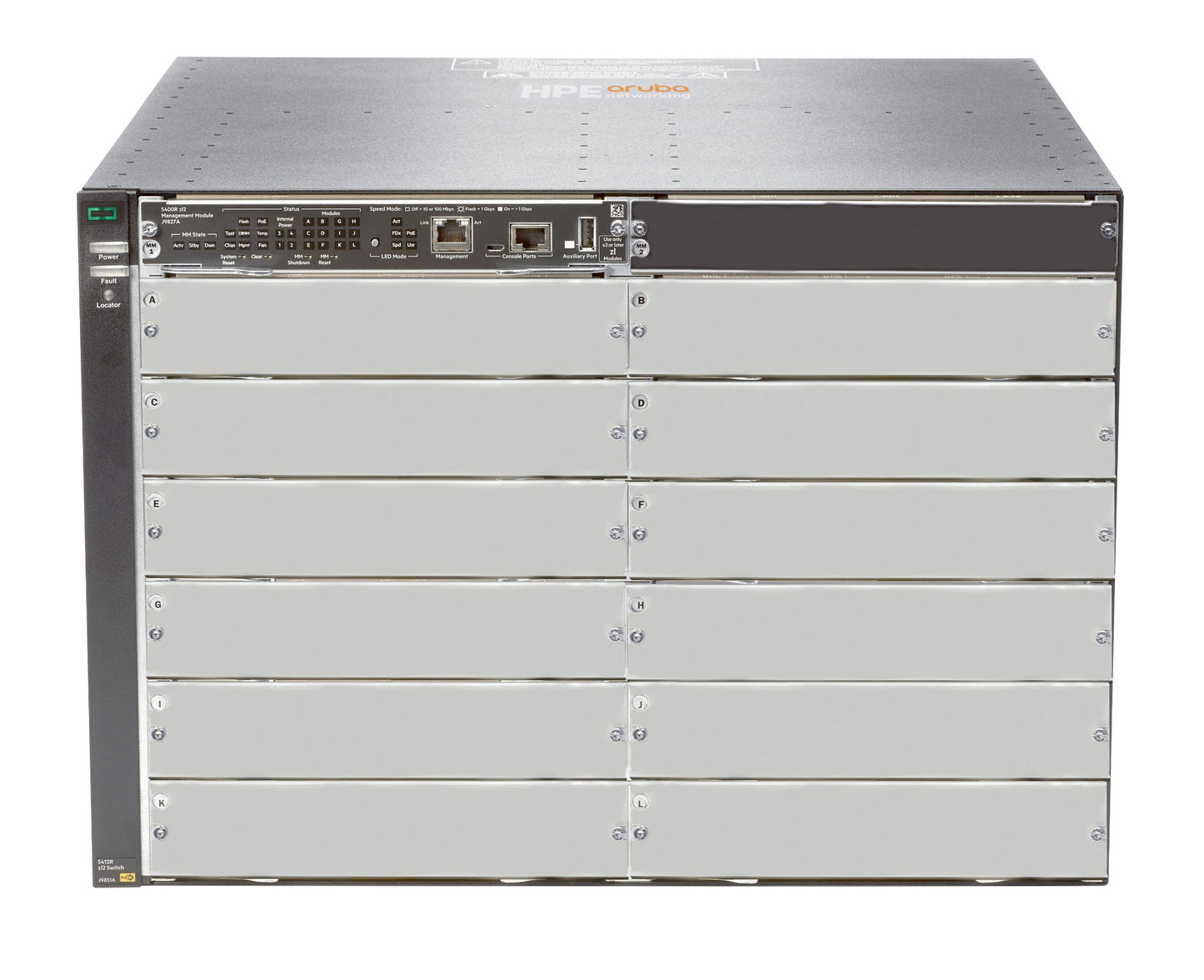 Aruba J9822A | 5412R zl2 12-slot modular, up to 288x 1G/PoE+ or 96x 10G SFP+, 40G QSFP+ uplink‑ready, L3 included