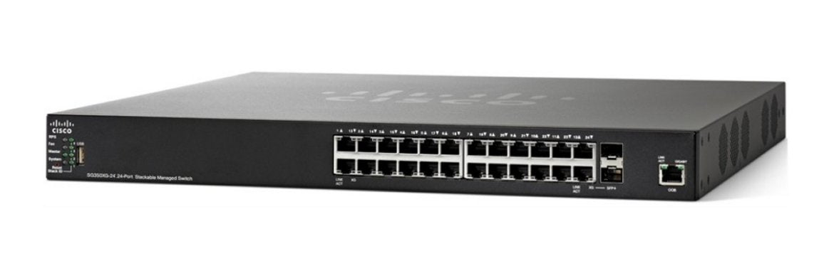 Cisco SG350X-24-K9-AU | 24x 1G access, 4x 10G SFP+ uplinks, stacking, L2/L3 static routing, perpetual license
