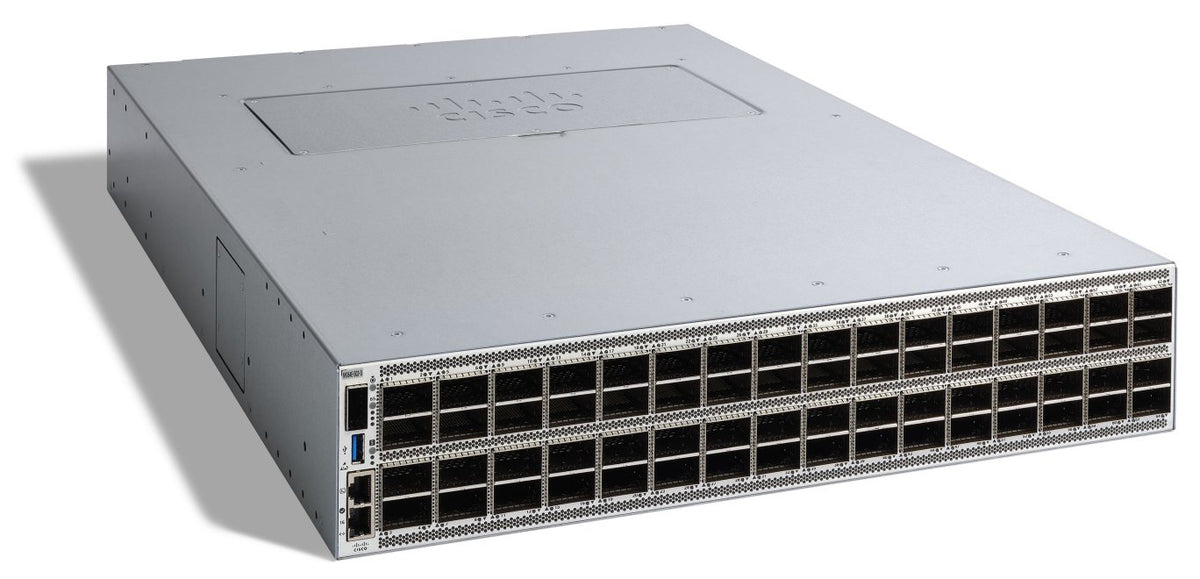 Silver cisco nexus 9300 network switch with 64 black ports and perforated side panels in 2ru chassis back view