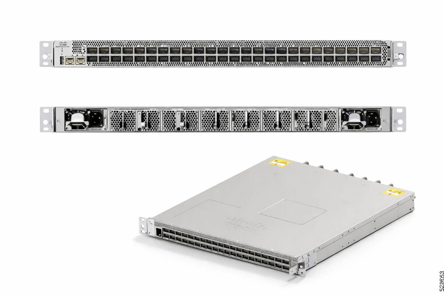 Silver cisco 8101-32fh-o-c01 switch with 32 x 400g qsfp-dd ports ventilation grilles in a sleek 1ru rack-mount design