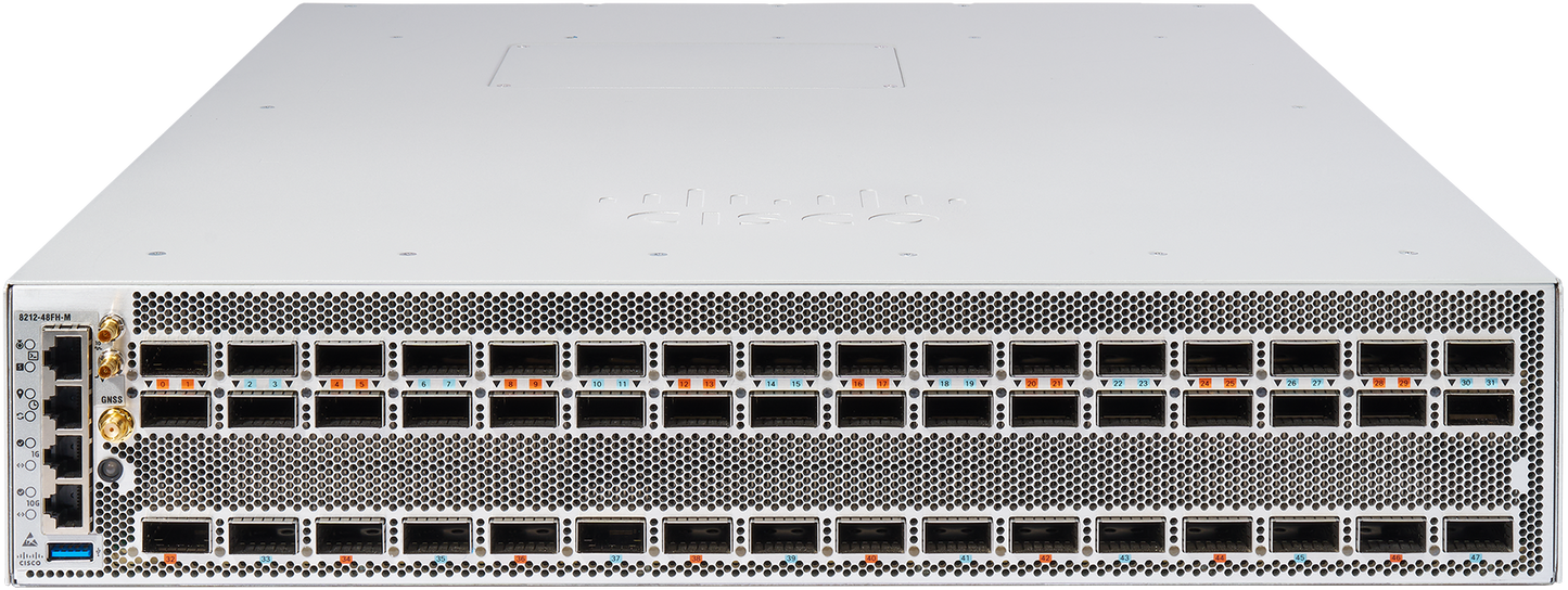 Cisco 8212-48FH-DC-MT white metal server rack with perforated front panel and ports