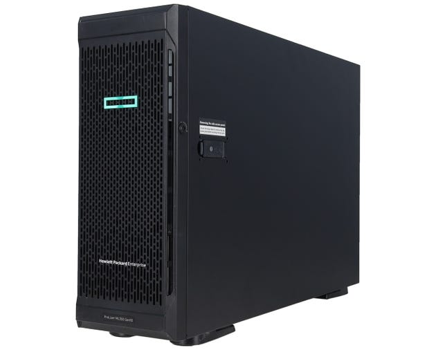 HPE HPE-ML350-G10 | Tower server | 2-socket Xeon Scalable | 24 DIMM DDR4 RDIMM/LRDIMM up to 3TB | Flexible 8–24 SFF or 8/12 LFF bays, NVMe capable | Smart Array S100i/P408i/P816i | 4x 1GbE (LOM) | iLO 5 | Hot-plug redundant Flex Slot PSUs
