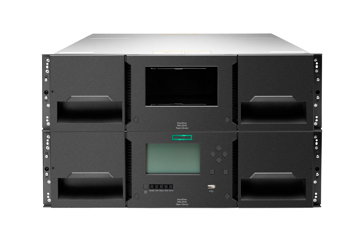 HPE Q6Q62C MSL3040 3U tape library with black rackmount server and LTO bays