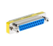 Yellow and blue DB25 male to female RS-232 adapter with metal pins