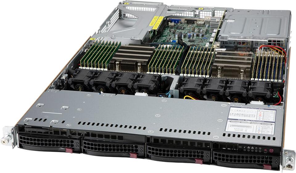 Silver and black Supermicro AS-1024US-TRT server rack with green RAM modules cooling fans and visible motherboard