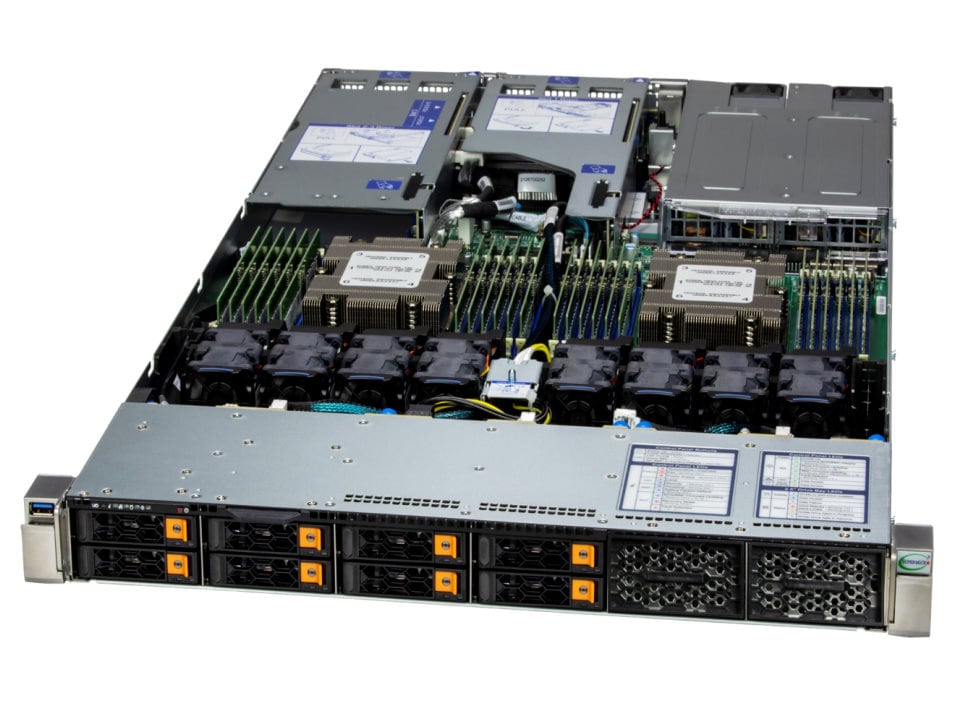 Silver supermicro as-1125hs-tnr 1u rack server with dual amd epyc 9004 processors and visible motherboard components