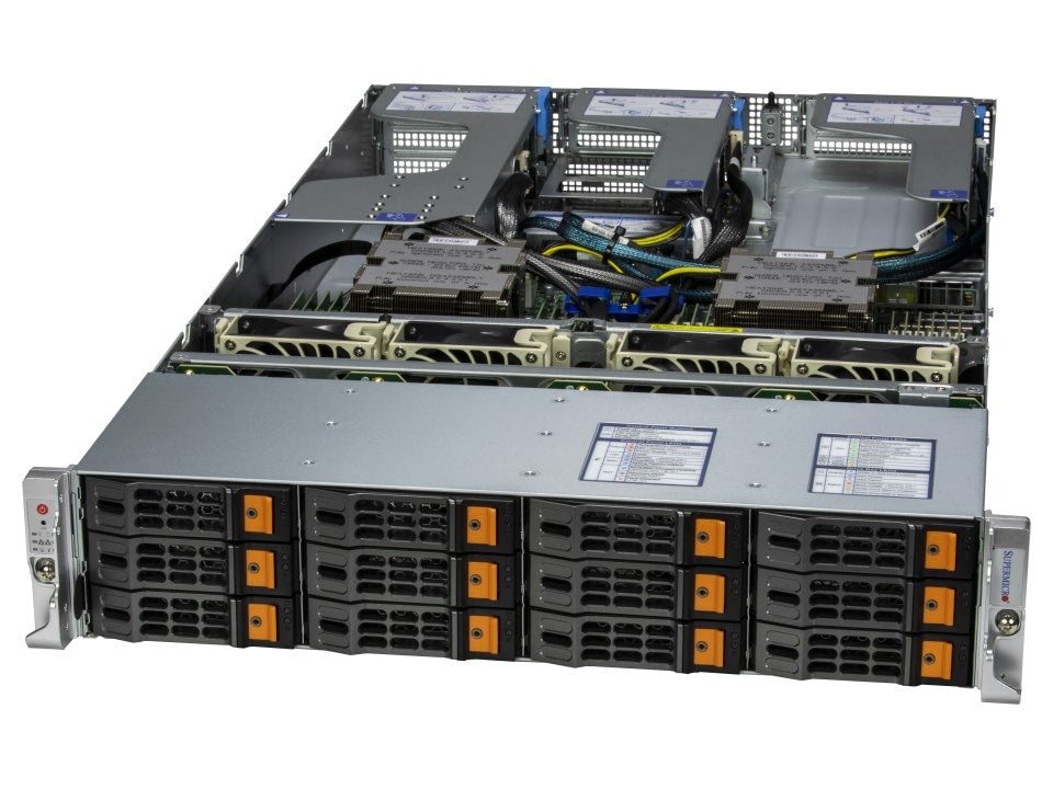 Silver and black Supermicro AS-2025HS-TNR 2U rack server with orange drive indicators and dual AMD EPYC 9004 CPUs