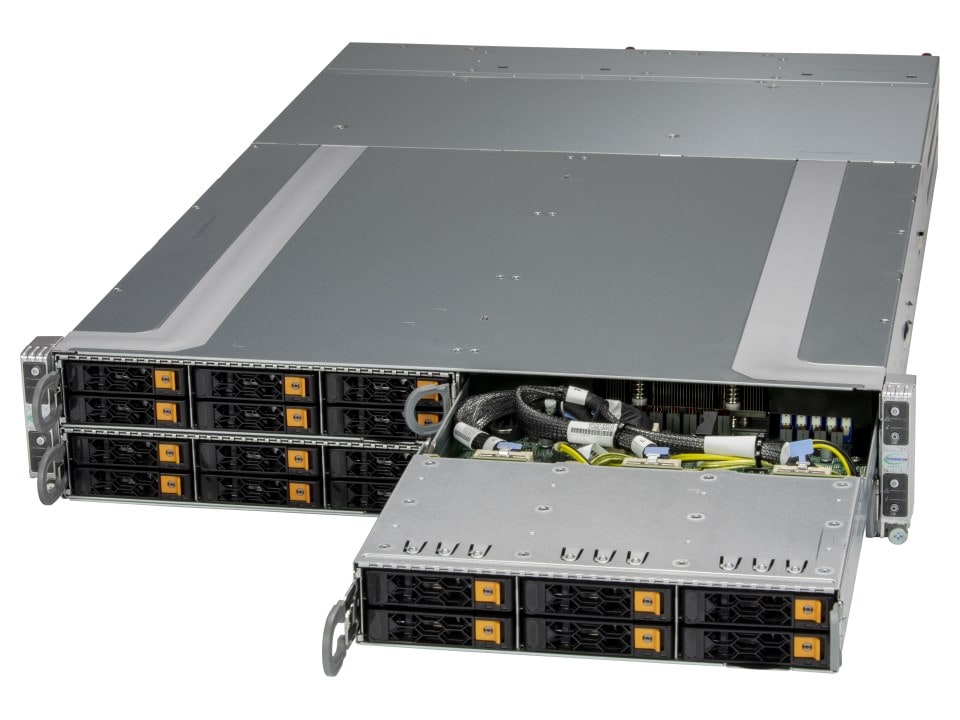 Silver-colored Supermicro AS-2115GT-HNTR GrandTwin 2U 4-node server rack with multiple drive bays and internal cabling