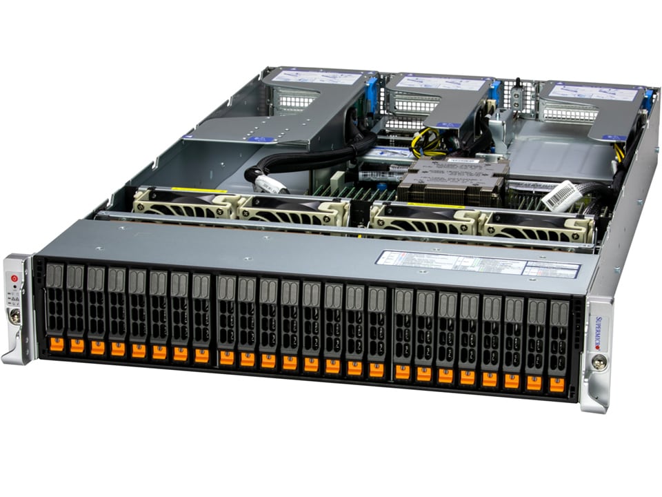 Silver supermicro as-2115hs-tnr hyper 2u rack server with 24x 2.5 inch nvme sas sata bays and orange indicator lights