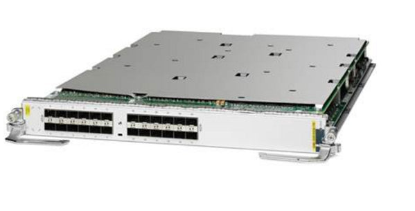 Cisco A9K-24X10GE-1G-SE silver switch module with black ports and green cables