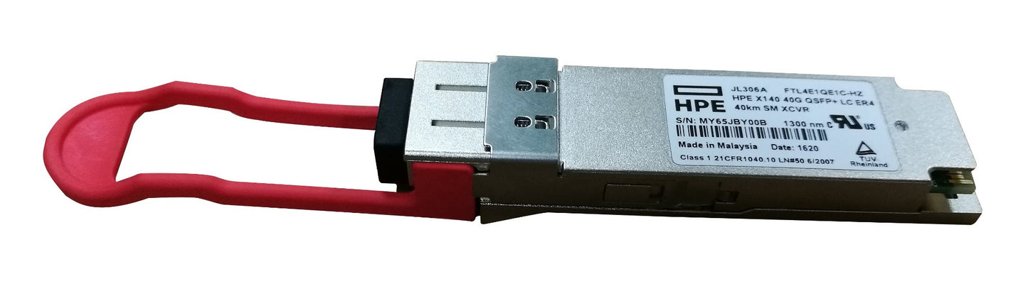 HPE JL306A 40G QSFP+ ER4 CWDM transceiver module with red handle
