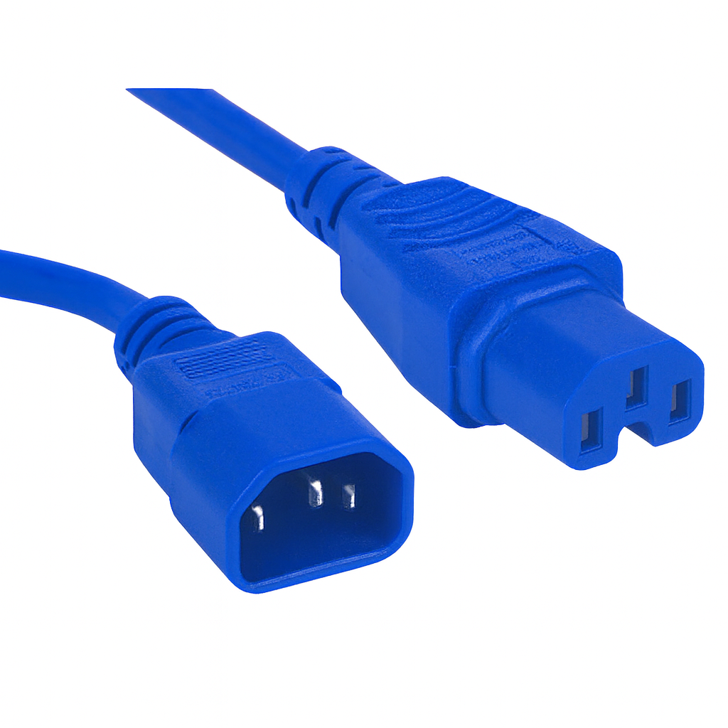 Blue IEC C14 to C15 high-temp power cable with 3-prong plug