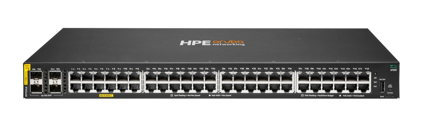 Aruba R9Y04A | 48x 1G access, PoE Class 4 (802.3at) 740W, 4x 10G SFP+ uplinks, AOS‑CX L2/L3 standard