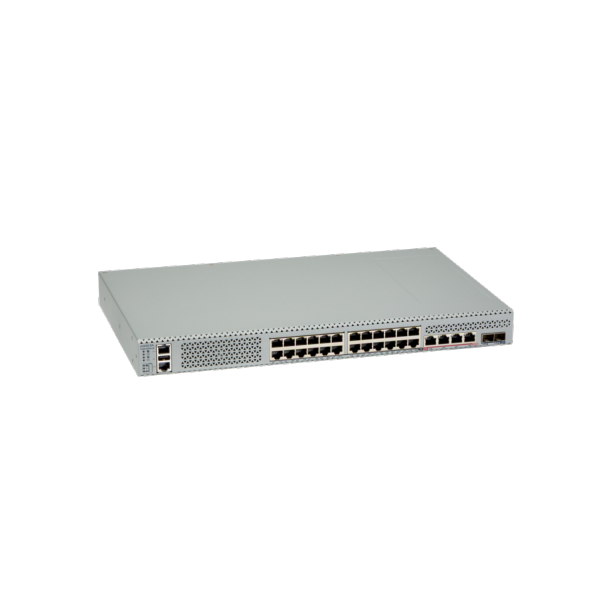 Silver metallic arista ccs-710xp-28tnh-2s-f 24-port poe+ network switch with multiple ethernet ports and ventilation grilles