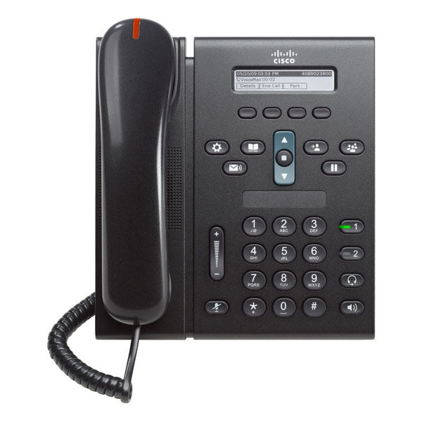 Cisco CP-6921-C-K9 | 2-line IP phone, mono display (non-backlit), 2x 10/100 LAN+PC switch, PoE 802.3af Class 1, RJ-9 headset, SIP/SCCP, full-duplex speakerphone, charcoal, standard handset