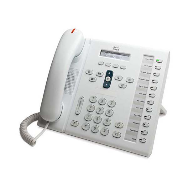 Cisco CP-6961-WL-K9 | 12-line IP desk phone, 2x 10/100 LAN+PC switch, PoE 802.3af, backlit mono display, RJ-9 headset, white, slimline handset