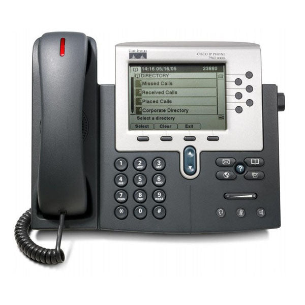 Cisco CP-7960G VoIP desk phone with black handset and LCD screen