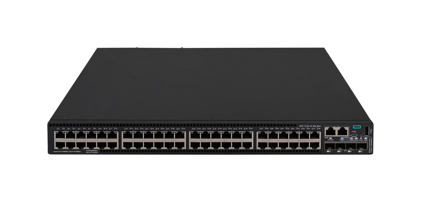 HPE R9L64A black Cisco-style switch with 48x1G PoE+ ports and 4x10G uplinks