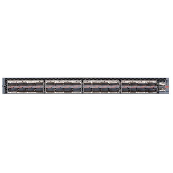 Gray metal server rack housing multiple network interface cards in arista dcs-7060px5-64e-f 7060x5 32-port 800g osfp switch