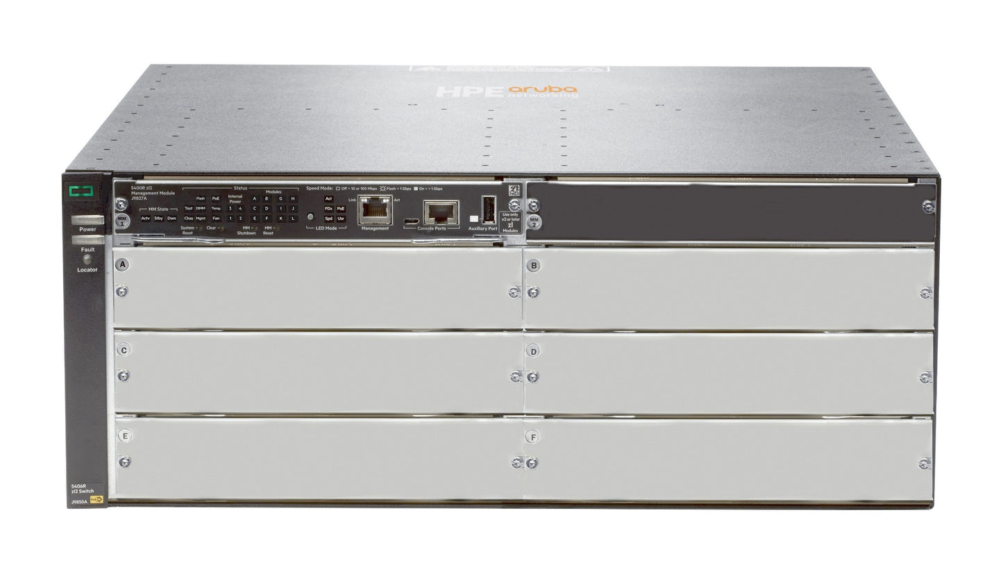 Aruba J9821A | 5406R zl2 6-slot modular, up to 144x 1G/PoE+ or 48x 10G SFP+, 40G QSFP+ uplink‑ready, L3 included