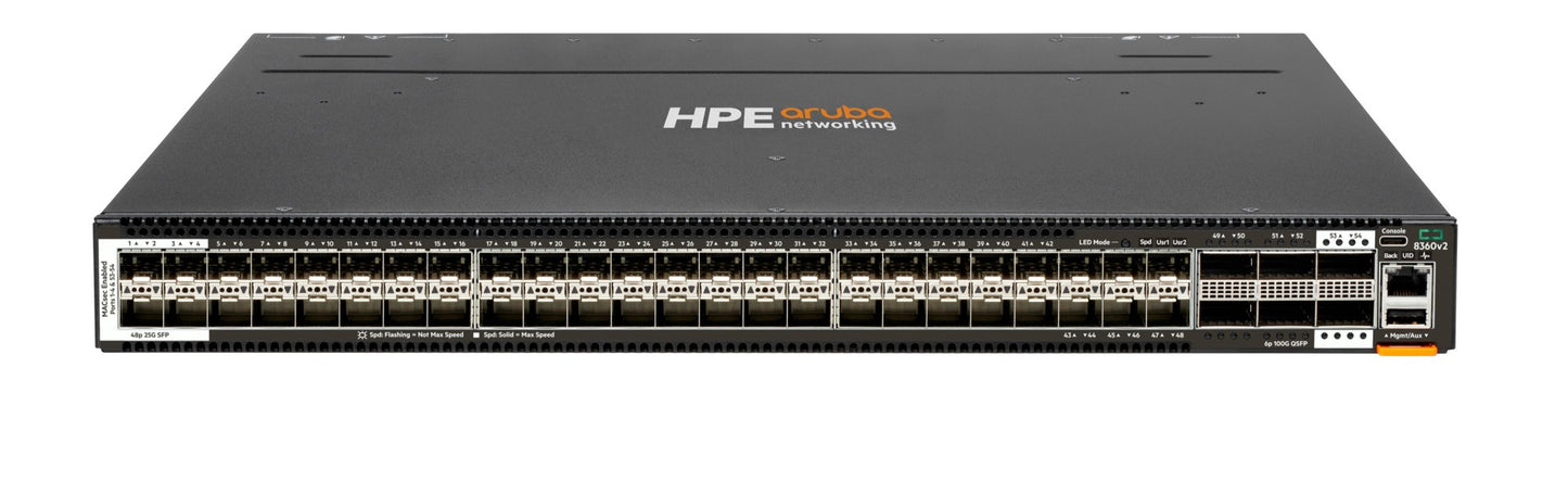 Aruba R9G22A | 48x 1/10/25G SFP28 + 6x 40/100G QSFP28 | No PoE | AOS-CX base (no feature license) | Port-to-Power airflow | 5 fans, 2 PSUs
