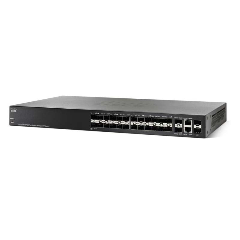 Cisco SG350-28SFP-K9-AU | 28x 1G SFP fiber, uplinks: 0x dedicated (all 1G SFP), L2+/static routing, license-free