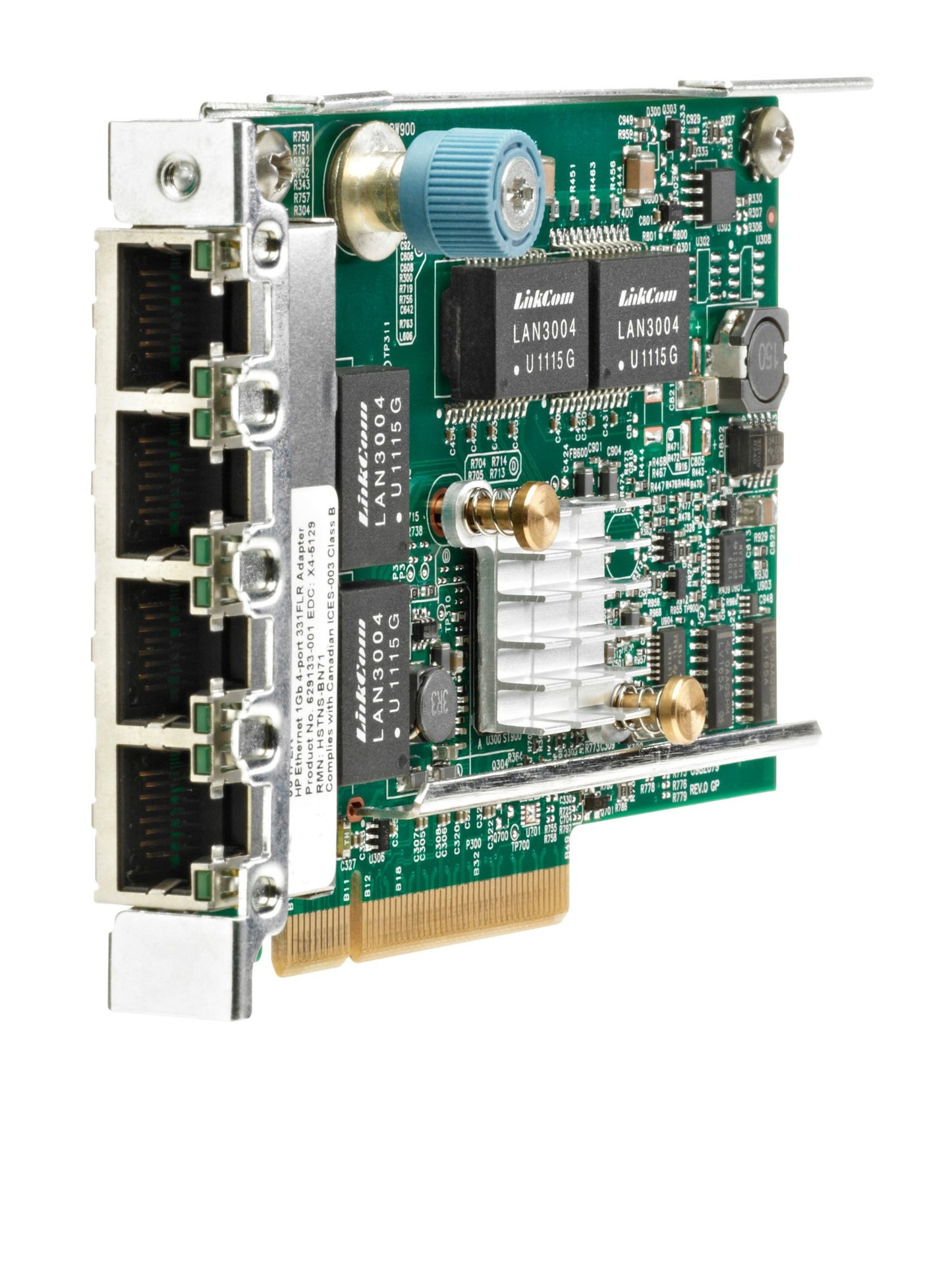 Hpe 629135-b22 green circuit board flexiblelom network card with four black ethernet ports and silver bracket