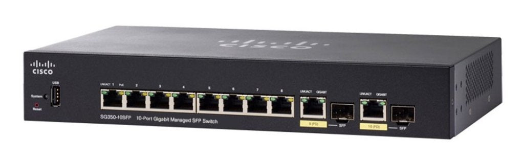 Cisco SG350-10SFP-K9-AU | 10x 1G SFP; PoE: none; uplinks: 0x 1G; license: perpetual
