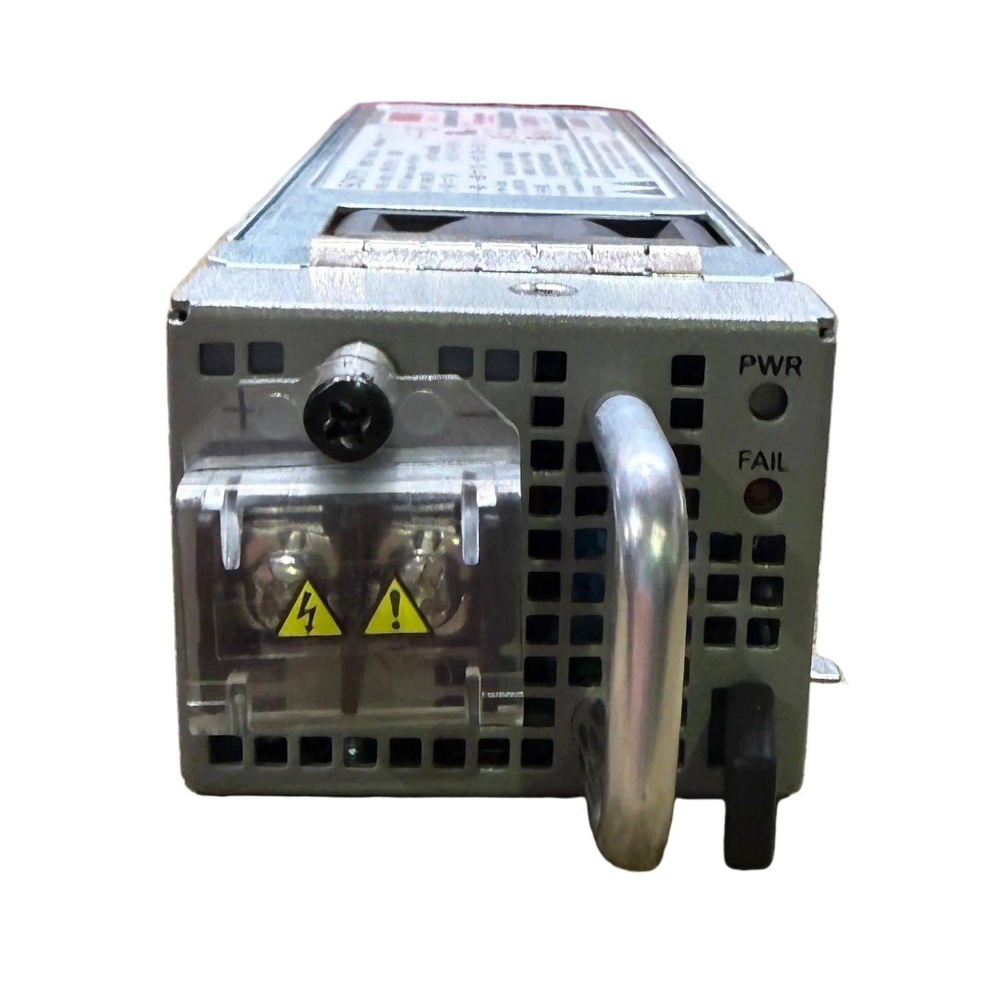 Gray metal cisco n540-pwr400-d 400w dc power supply unit with handle ventilation grilles and warning labels backside view