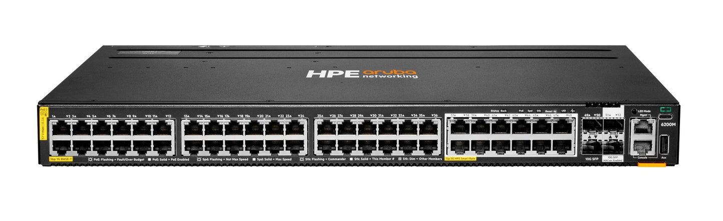 Aruba R8Q71A | 36x 1G + 12x 1/2.5/5G, Class6 PoE; 4x 10G SFP+ uplinks; AOS-CX standard (no license req.)